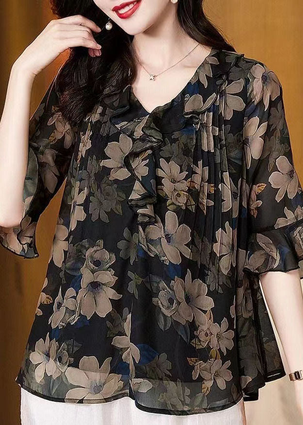 Italian Black Print Wrinkled Patchwork Silk Shirt Top Flare Sleeve