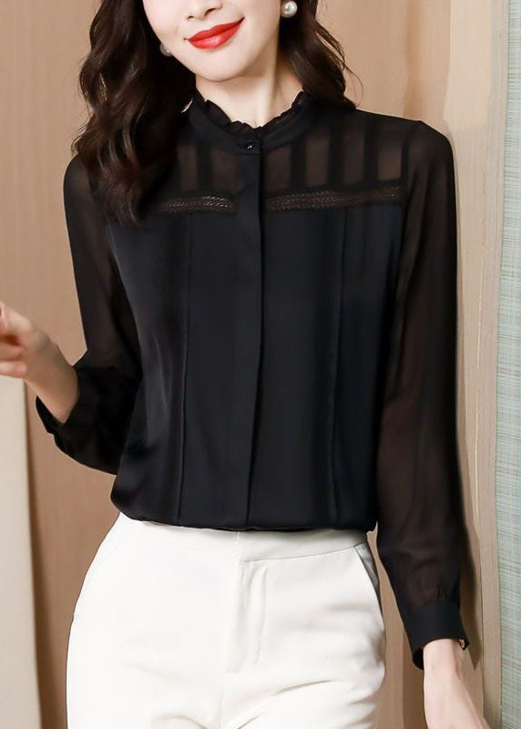 Italian Black Ruffled Lace Patchwork Silk Shirt Spring