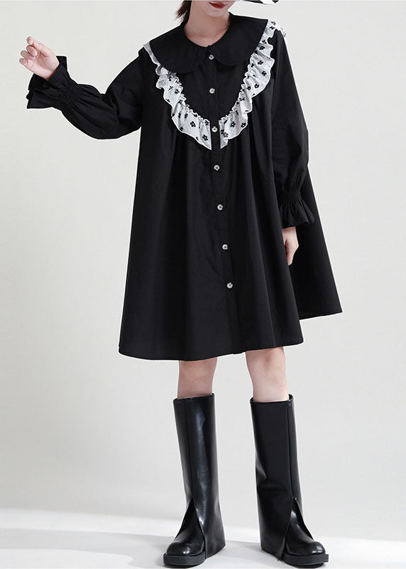 Italian Black Ruffled Patchwork Cotton Shirt Dresses Fall