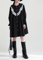 Italian Black Ruffled Patchwork Cotton Shirt Dresses Fall