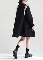 Italian Black Ruffled Patchwork Cotton Shirt Dresses Fall