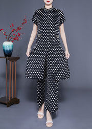 Italian Black Stand Collar Dot Print Side Open Silk Two Pieces Set Summer