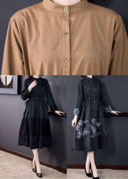 Italian Black Stand Collar Embroideried Patchwork Cotton Trench Long Sleeve