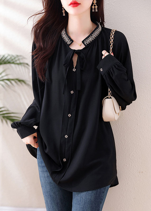 Italian Black Stand Collar Lace Up Shirt Long Sleeve