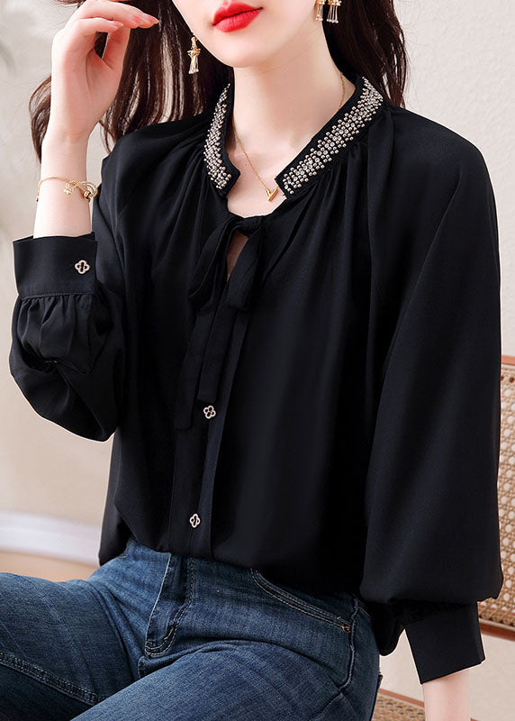 Italian Black Stand Collar Lace Up Shirt Long Sleeve