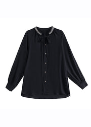 Italian Black Stand Collar Lace Up Shirt Long Sleeve