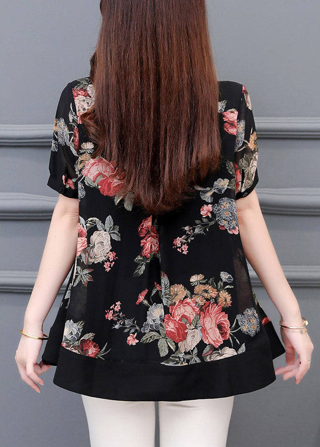 Italian Black Stand Collar Print Button Chiffon Shirt Short Sleeve