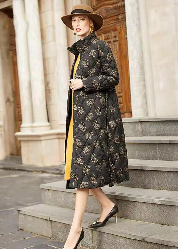 Italian Black Stand Collar Print Fine Cotton Filled Winter Coats