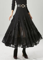 Italian Black Stereoscopic Floral Chiffon A Line Skirt Fall