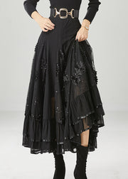 Italian Black Stereoscopic Floral Chiffon A Line Skirt Fall