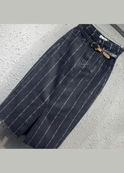 Italian Black Striped Front Open Pockets Patchwork Denim Skirt Fall