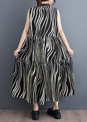 Italian Black Striped Stand Collar Patchwork Button Long Dress Summer