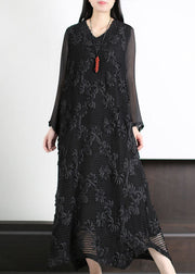 Italian Black V Neck Floral Hollow Out Patchwork Cotton Dress Long Sleeve