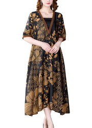 Italian Black V Neck Print Exra Large Hem Draping Silk Dress Summer