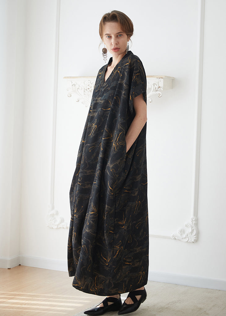 Italian Black V Neck Print Pockets Chiffon Robe Dress Summer