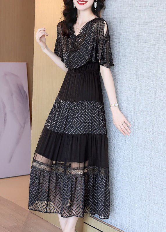 Italian Black V Neck Wrinkled Patchwork Chiffon Long Dresses Summer