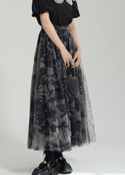 Italian Black Wrinkled Print Patchwork Tulle Skirts Summer