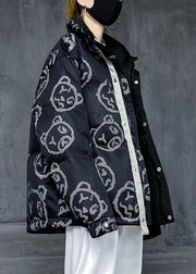 Italian Black Zip Up Button Print Patchwork Down Coats Winter