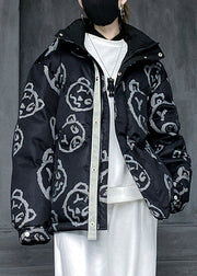 Italian Black Zip Up Button Print Patchwork Down Coats Winter