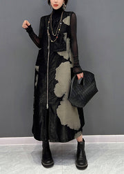 Italian Black Zip Up Patchwork Cotton Long Dresses Sleeveless