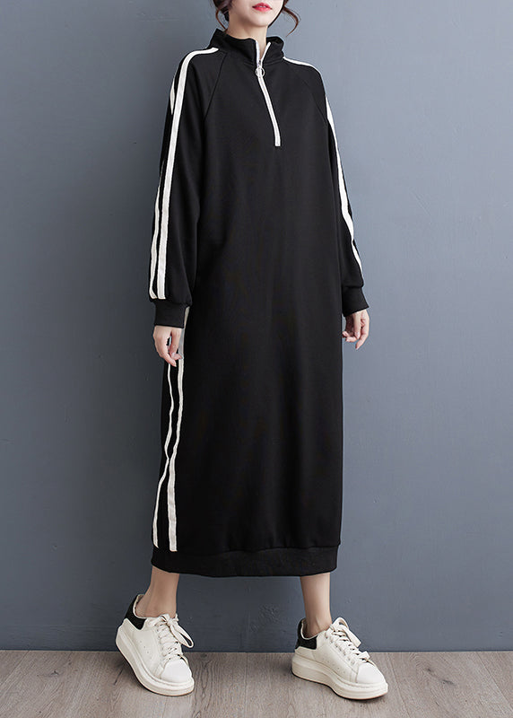 Italian Black Zip Up Patchwork Loose Cotton Long Dresses Fall