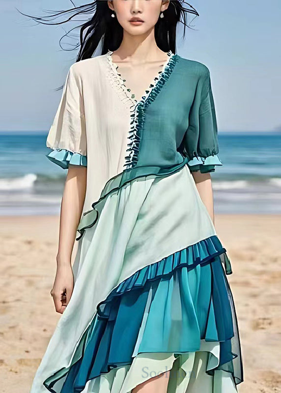 Italian Blue Asymmetrical Patchwork Ruffles Linen Dresses Summer