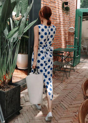 Italian Blue Dot Print Cinched Side Open Cotton Maxi Dresses Sleeveless