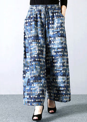 Italian Blue Dot Print Elastic Waist Tie Waist Linen Crop Straight Pants Summer