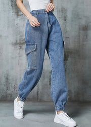 Italian Blue Elastic Waist Pockets Denim Pants Spring