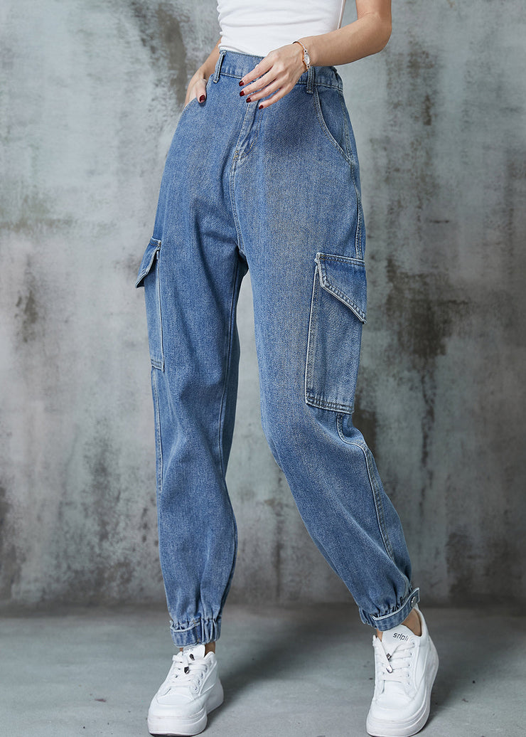 Italian Blue Elastic Waist Pockets Denim Pants Spring