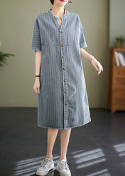 Italian Blue Grey Stand Collar Striped Denim Shirt Dress Summer