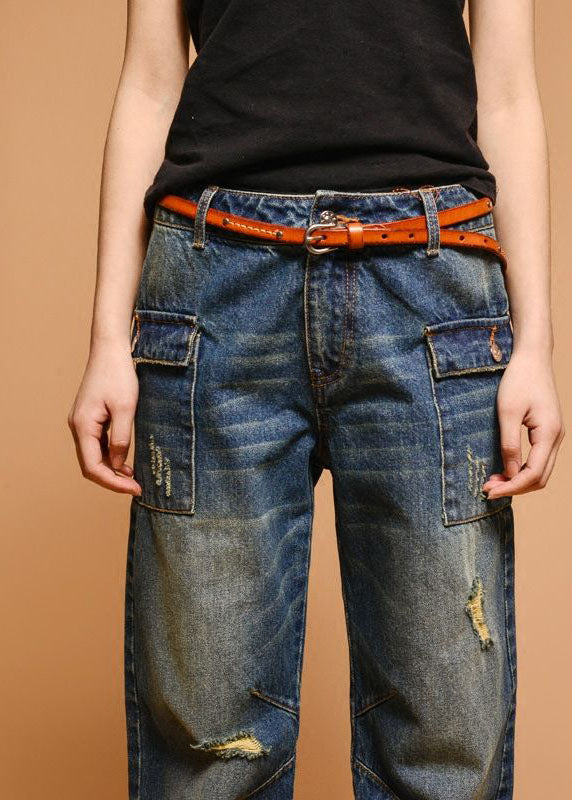 Italian Blue High Waist Hole Pockets Cotton Denim Pants Fall