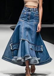 Italian Blue High Waist Patchwork Denim A Line Skirts Summer