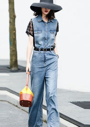 Italian Blue Hollow Out Patchwork Lace Denim Jumpsuit Short Sleeve