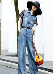 Italian Blue Hollow Out Patchwork Lace Denim Jumpsuit Short Sleeve