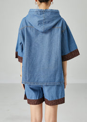 Italian Blue Hooded Patchwork Denim Two Pieces Set Summer