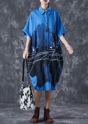 Italian Blue Inkwash Painting Cotton Shirt Dress Summer