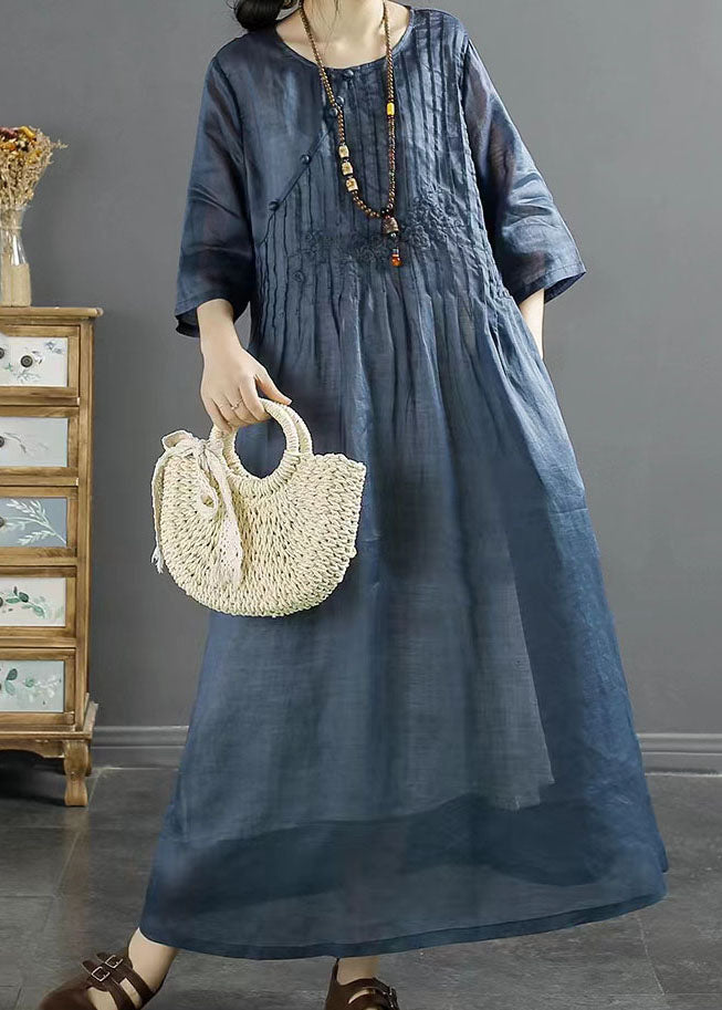 Italian Blue O Neck Embroideried Patchwork Long Linen Dresses Summer