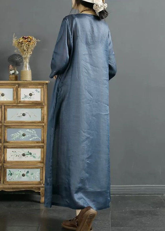 Italian Blue O Neck Embroideried Patchwork Long Linen Dresses Summer