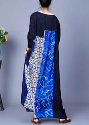 Italian Blue O Neck Print Patchwork Silk Long Dresses Summer