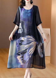 Italian Blue O Neck Print Patchwork Slim Silk Dresses Summer