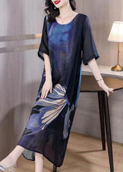 Italian Blue O Neck Print Patchwork Slim Silk Dresses Summer