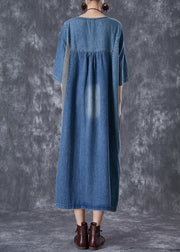 Italian Blue Oversized Patchwork Striped Denim Dresses Half Sleeve