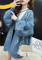 Italian Blue Oversized Patchwork Tassel Warm Knit Cardigans Winter