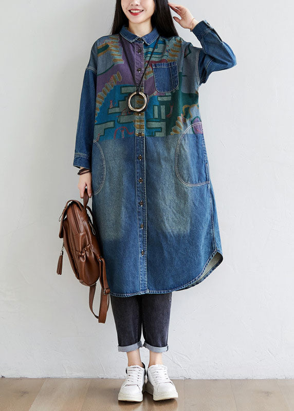 Italian Blue Peter Pan Collar Pockets Print Denim Coat Spring