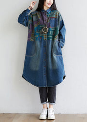 Italian Blue Peter Pan Collar Pockets Print Denim Coat Spring