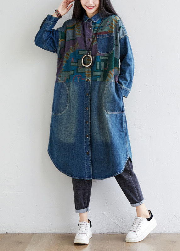 Italian Blue Peter Pan Collar Pockets Print Denim Coat Spring