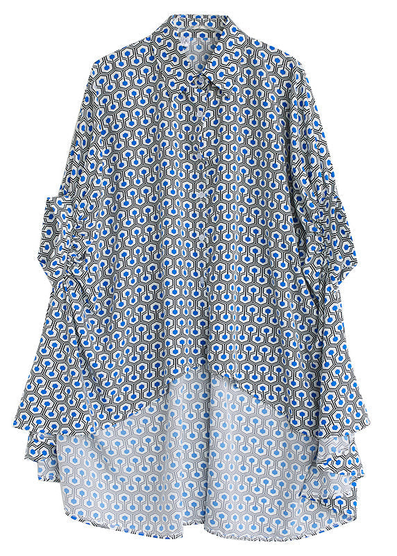 Italian Blue Peter Pan Collar Print Low High Design Shirts Summer