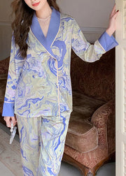 Italian Blue Peter Pan Collar Print Patchwork Ice Silk Pajamas Two Pieces Set Long Sleeve