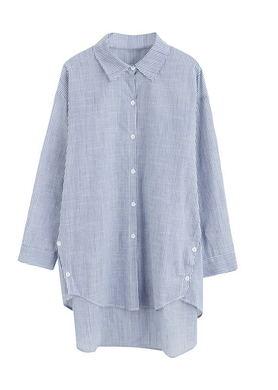 Italian Blue Peter Pan Collar Striped Cotton Shirt Tops Spring